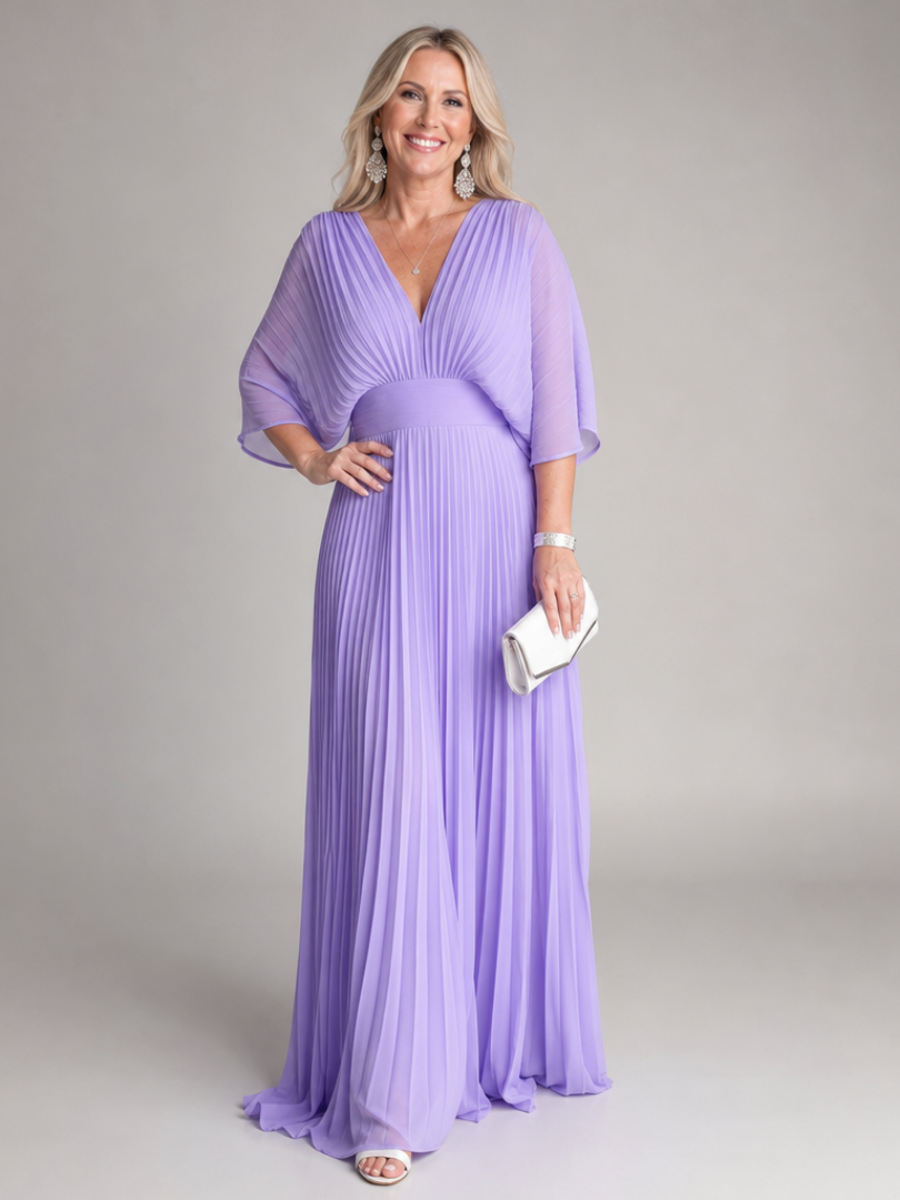 Elegant women's purple V-neck pleated maxi dress with long sleeves, perfect for formal events & parties.