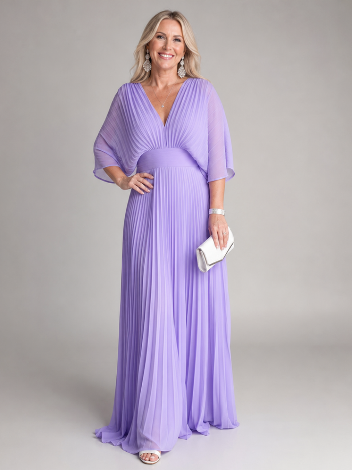 Elegant women's purple V-neck pleated maxi dress with long sleeves, perfect for formal events & parties.