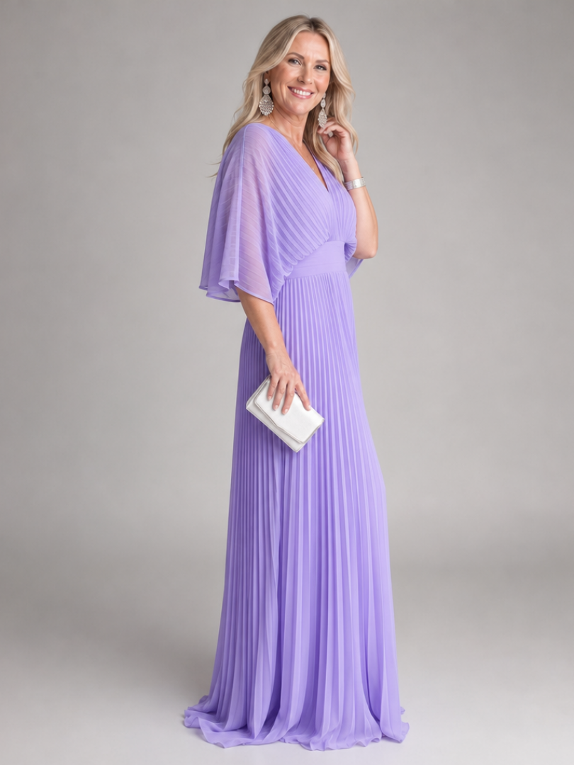 Flowy green long-sleeve V-neck maxi dress for women, featuring elegant pleats, ideal as an evening gown.
