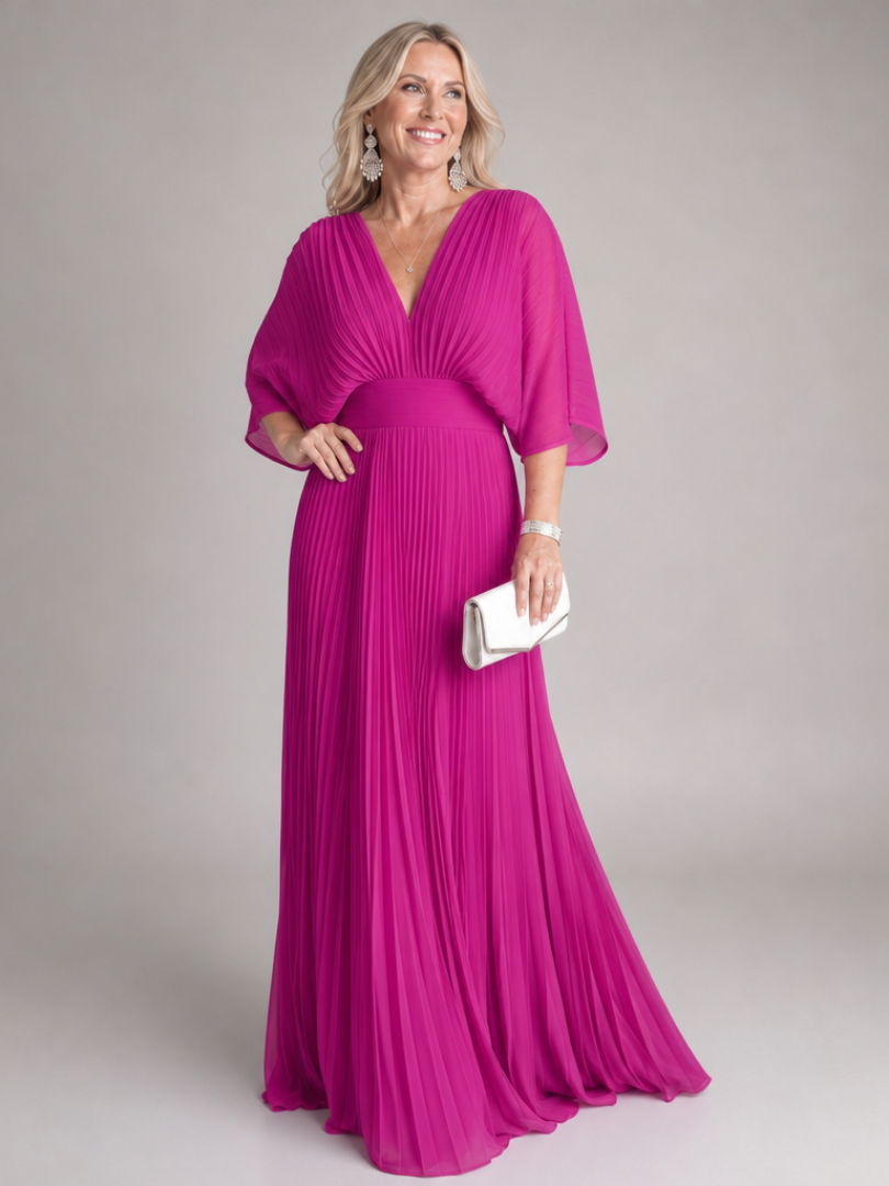 Sophisticated pink women's V-neck maxi dress with long sleeves & pleats, perfect for elegant formal events.
