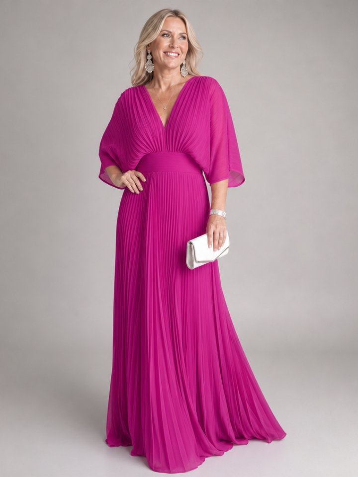 Sophisticated pink women's V-neck maxi dress with long sleeves & pleats, perfect for elegant formal events.