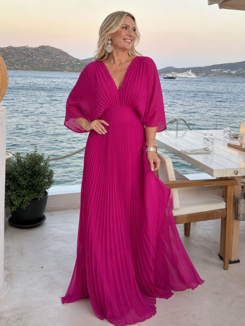 Classic women's long-sleeve V-neck pleated maxi dress. Versatile elegant formal or evening wear.