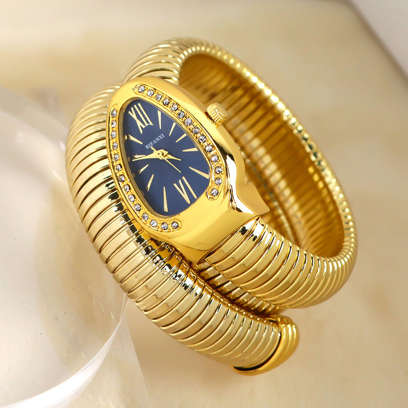 Elegant women's quartz watch, black dial, rose gold-tone snake bracelet.