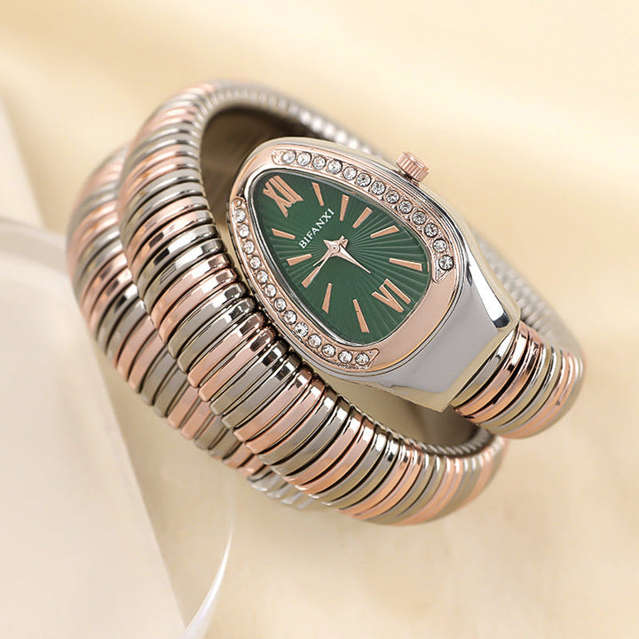 Unique women's quartz watch, rose gold-tone serpent bracelet, fashion statement.