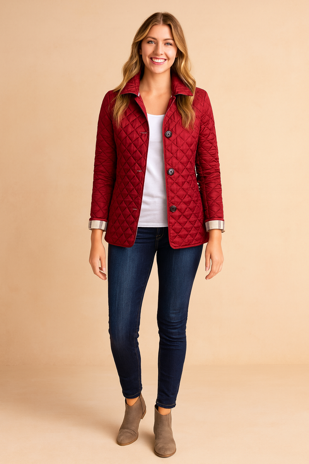 Elegant women's quilted winter jacket. Stylish, warm ladies' outerwear with button-down design.