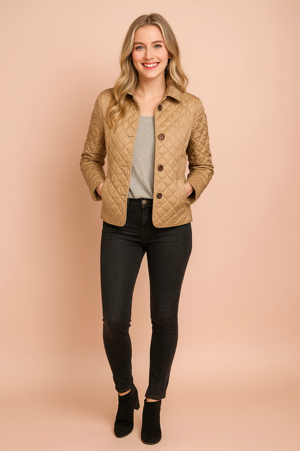 Stylish women's quilted jacket with button-down front. Warm, chic winter coat, perfect for casual elegant outerwear.