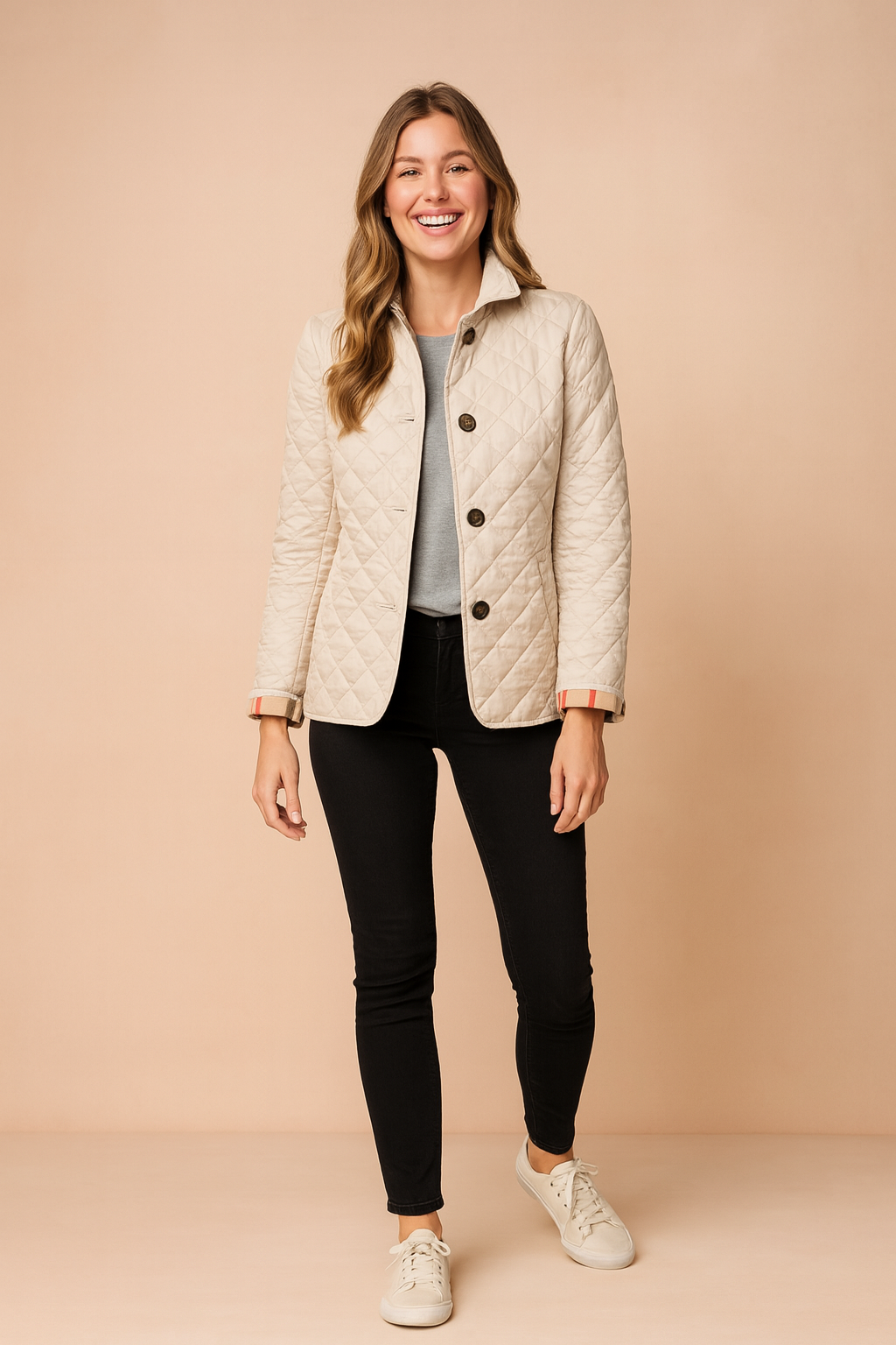 Women's warm quilted winter jacket. Elegant and stylish outerwear, a fashionable long-sleeve ladies' coat.