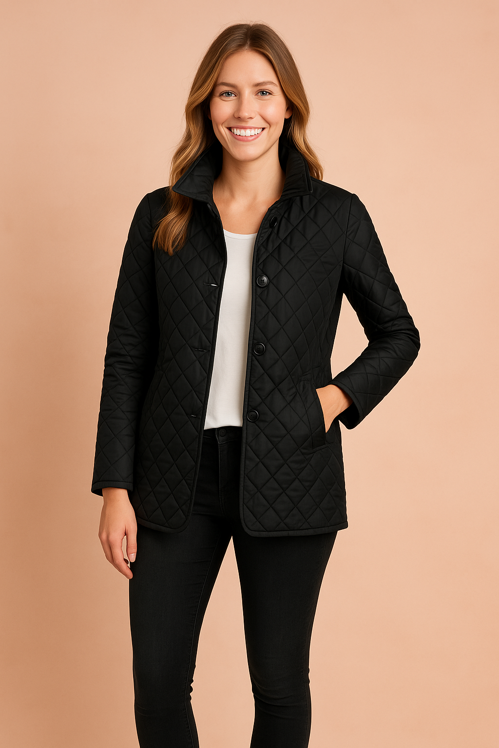 Elegant women's quilted winter coat. Warm, chic, and stylish ladies' fashion jacket with long sleeves and button details.