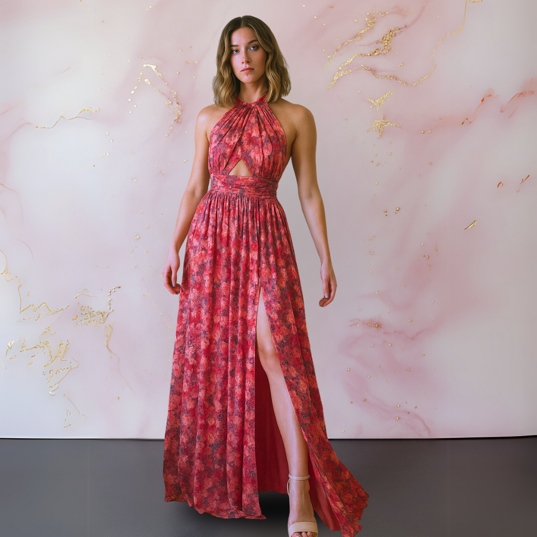 Elegant women's red halter neck maxi dress with front slit, perfect for parties & summer occasions.