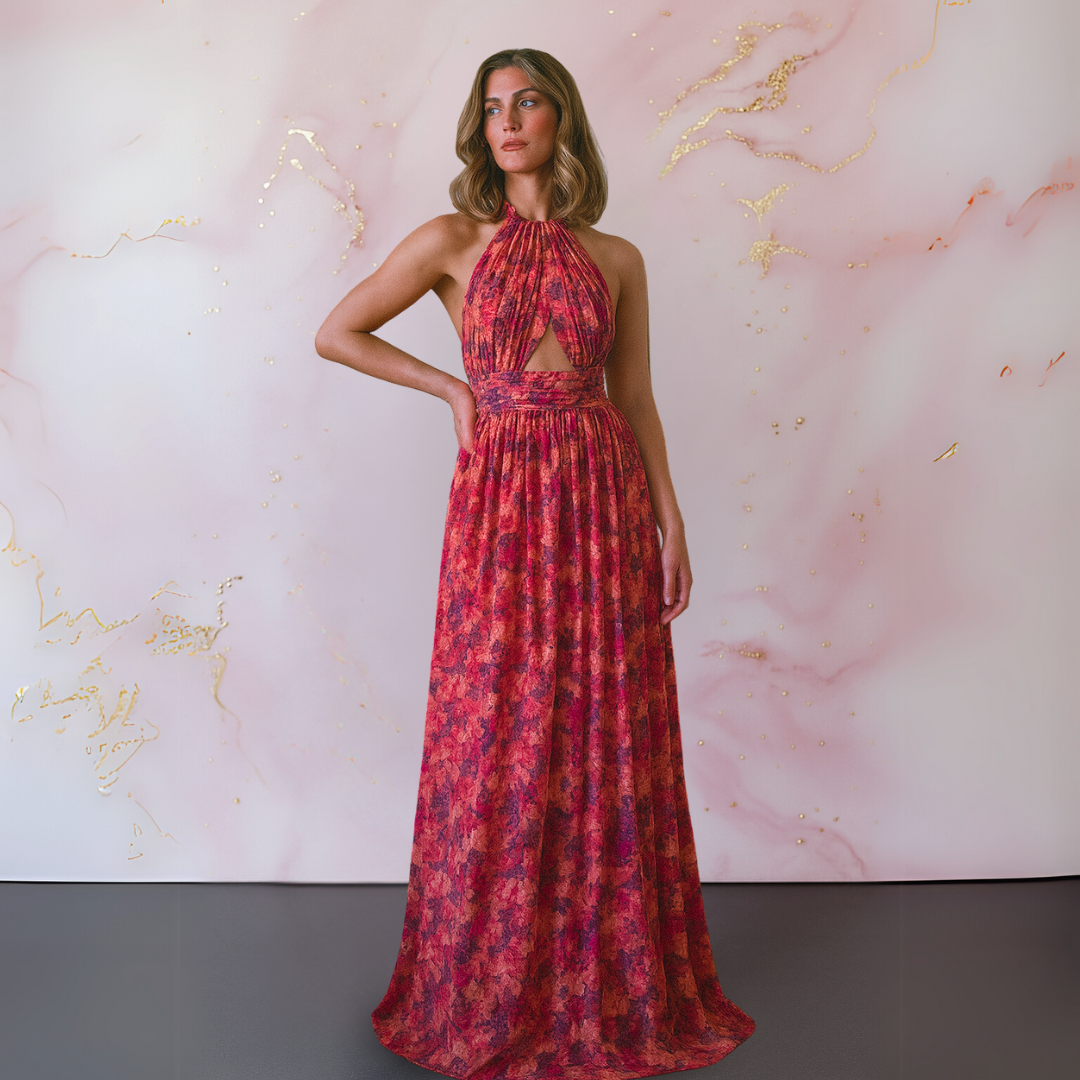 Vibrant red women's halter neck maxi dress with a flattering front slit, suitable for elegant party wear.
