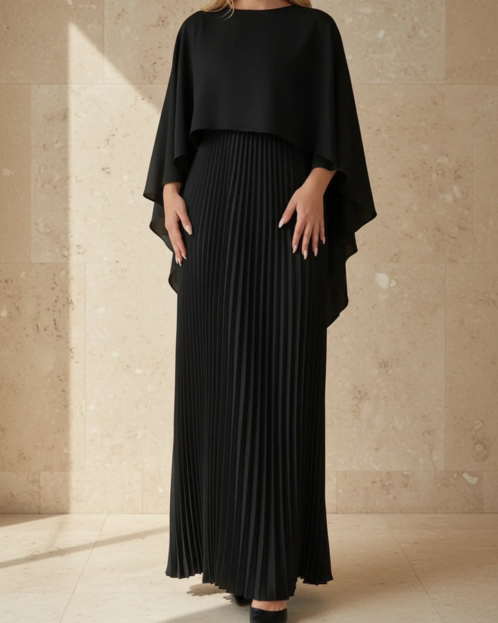 Formal occasion women's dress: pleated cape maxi style in red, black, or beige.