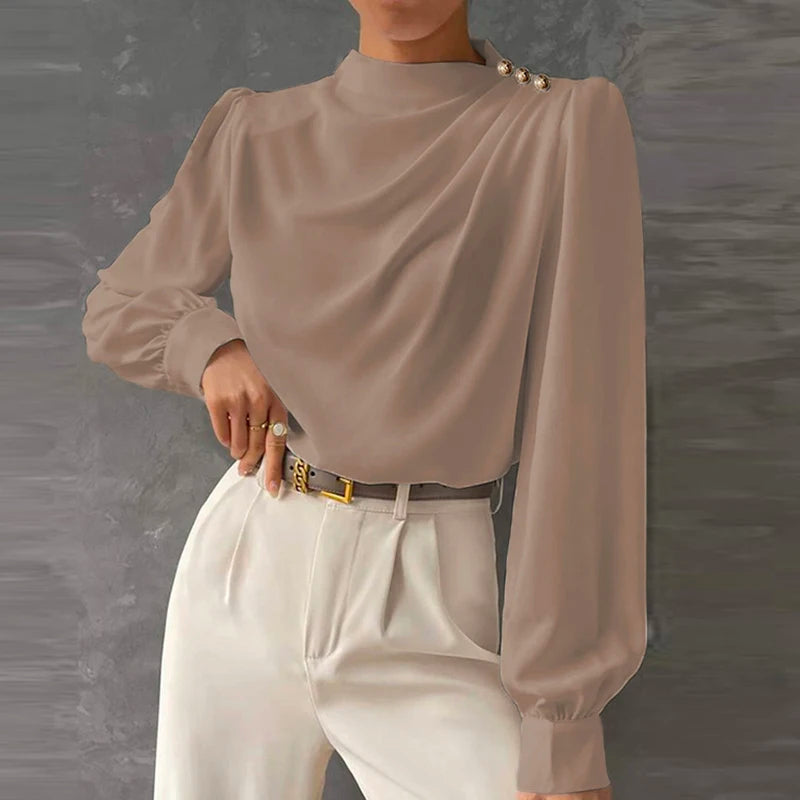Elegant women's relaxed fit blouse, long sleeve, high neck. Sophisticated & versatile for any occasion.