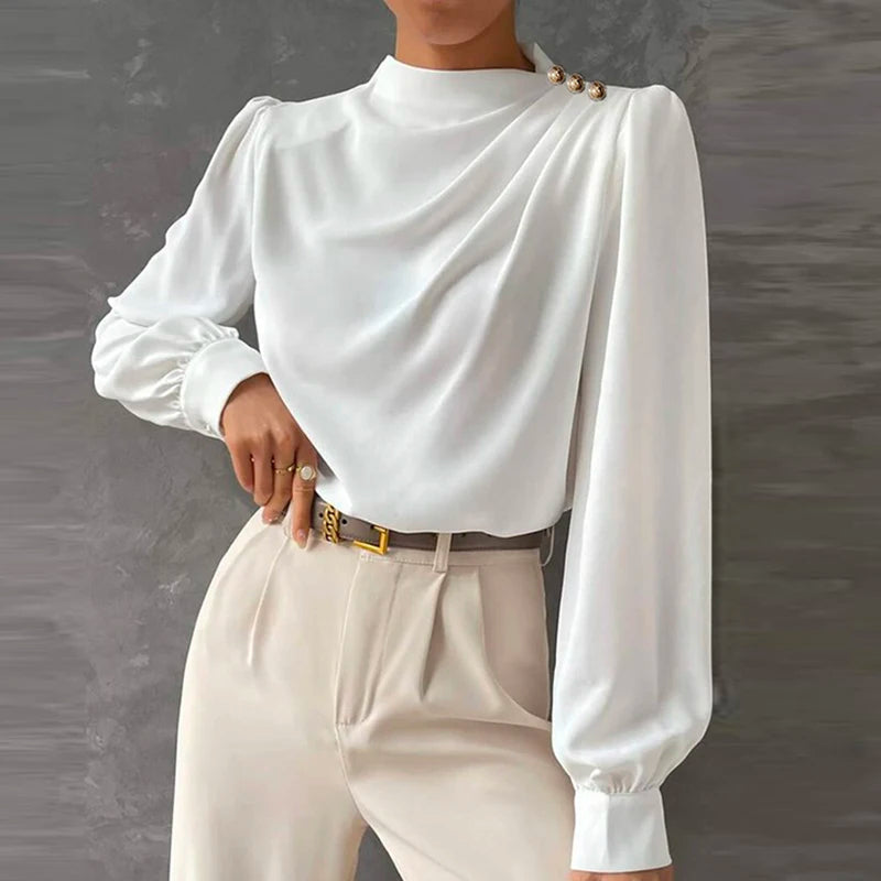 Chic women's long sleeve blouse with a relaxed fit and high neck. Perfect for effortless casual or formal style.