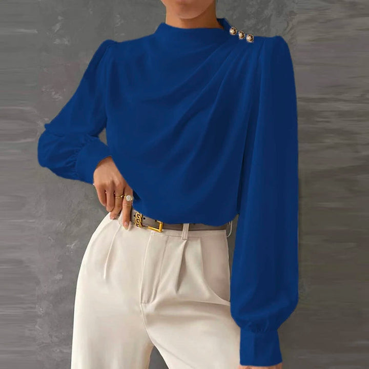 Women's elegant high neck blouse, relaxed fit, long sleeve. A versatile piece for chic formal or casual wear.