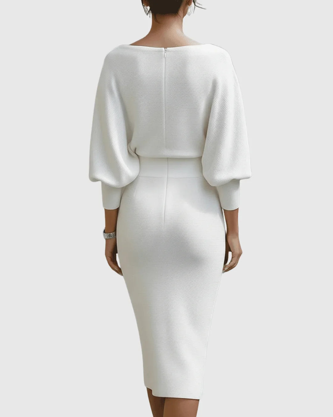 Women's elegant ribbed midi dress with a stylish cowl neck and comfortable batwing long sleeves.