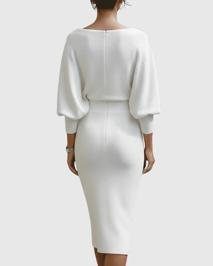 Women's elegant ribbed midi dress with a stylish cowl neck and comfortable batwing long sleeves.