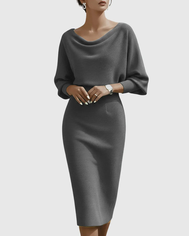Versatile elegant midi dress: women's ribbed cowl neck, batwing sleeves, ideal for party and evening wear.