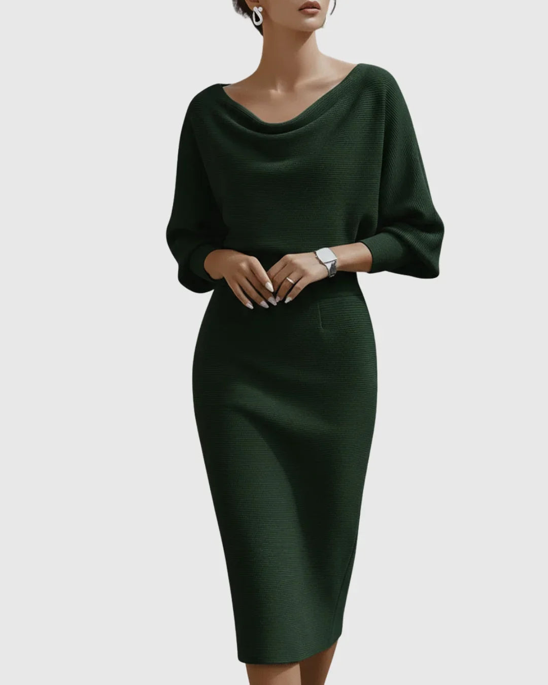 Comfortable women's ribbed midi dress with chic cowl neck & elegant batwing sleeves, ideal for fall fashion.