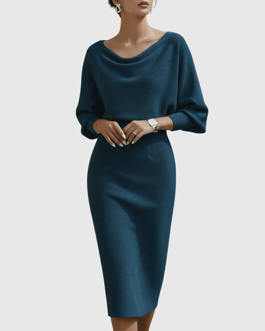 Chic women's ribbed midi dress featuring a sophisticated cowl neck & elegant batwing sleeves for winter fashion.