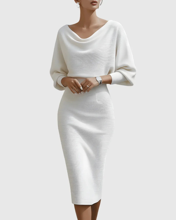 Ribbed midi dress with a flattering cowl neck & elegant batwing long sleeves, a stylish choice for women.