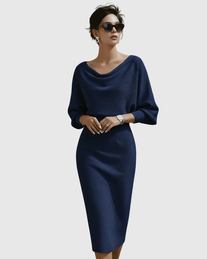 Elegant women's ribbed cowl-neck midi dress with batwing sleeves, a versatile piece for various occasions.