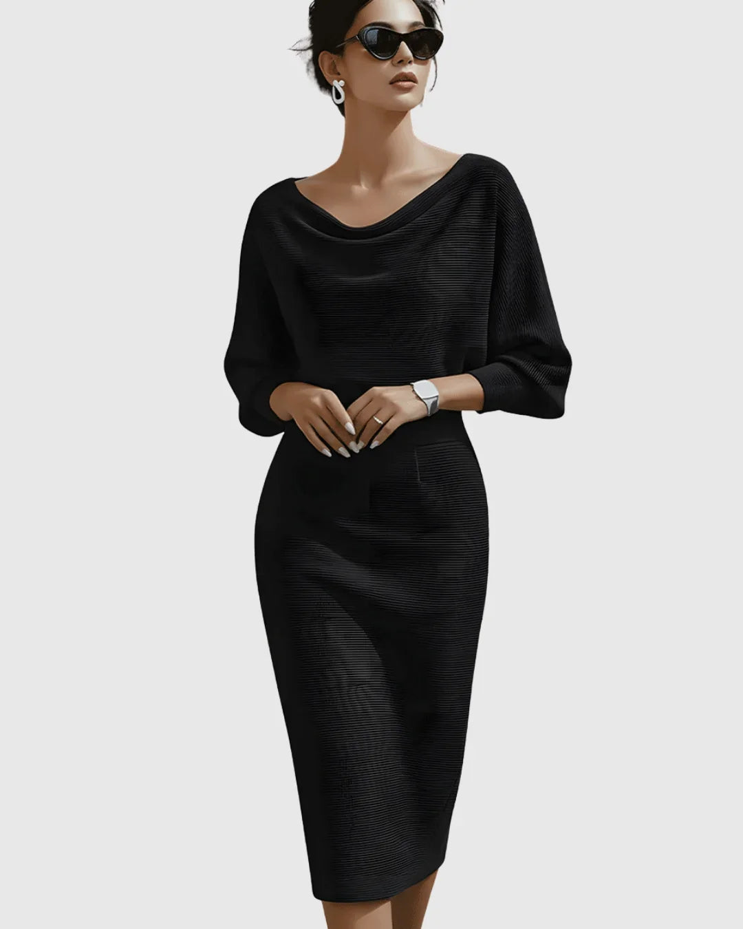 Stunning women's ribbed cowl-neck midi dress with elegant batwing sleeves, perfect for evening & party wear.