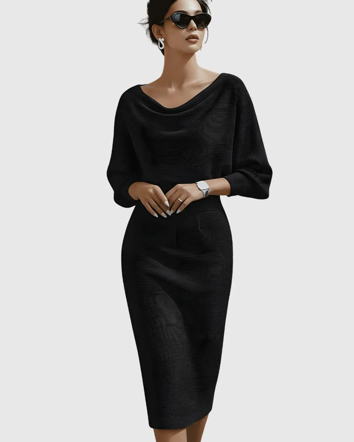 Stunning women's ribbed cowl-neck midi dress with elegant batwing sleeves, perfect for evening & party wear.