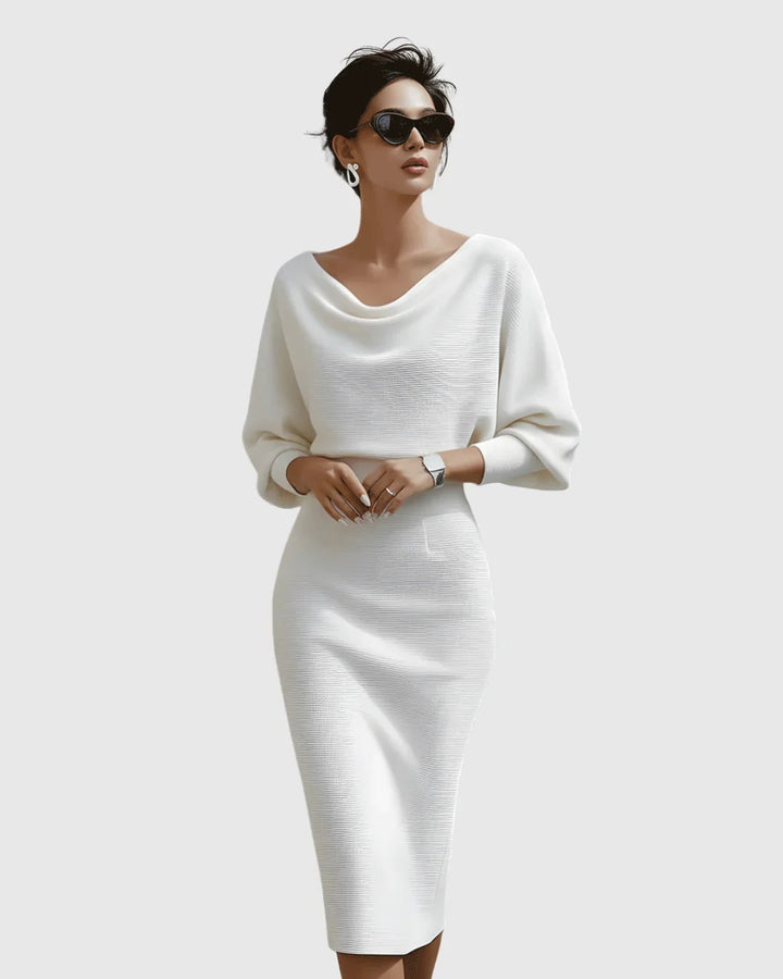 Figure-flattering ribbed midi dress for women, featuring a sophisticated cowl neck & elegant batwing sleeves.