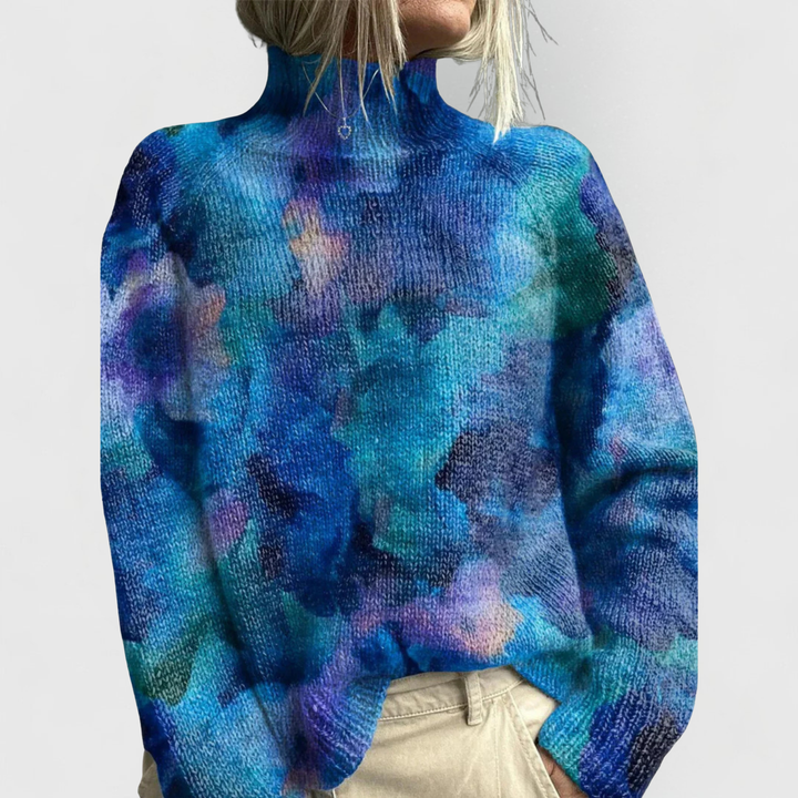 Close-up of a women's cozy roll neck jumper, showcasing its elegant knit and comfortable long sleeves. Winter fashion.