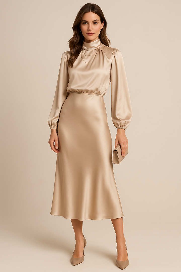 Premium women's formal midi dress with an elegant roll neck design.