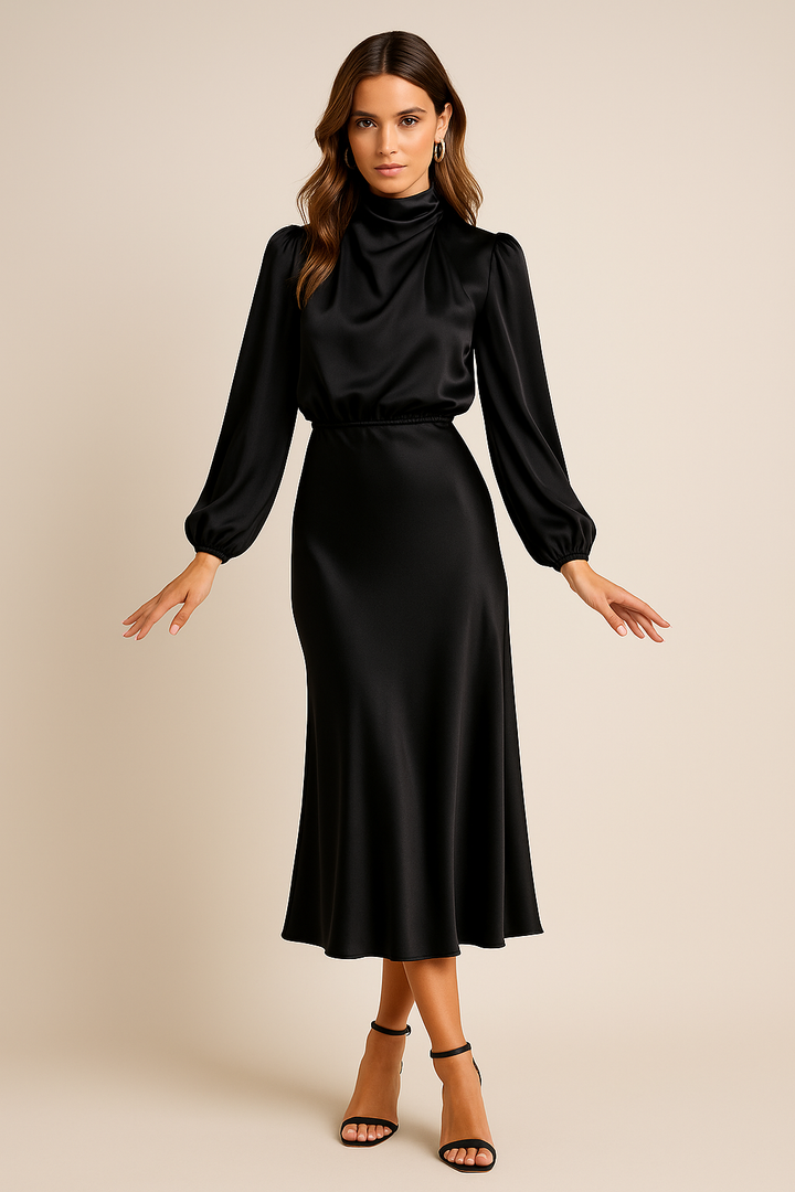 Elegant women's party wear: a stunning roll neck midi dress.