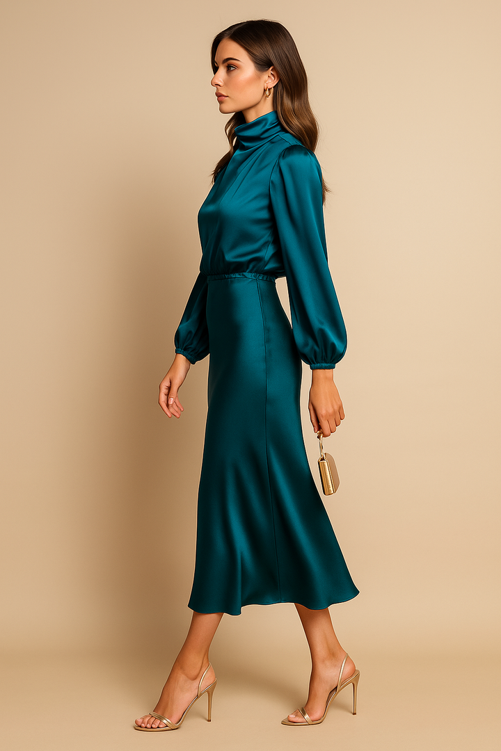 Classic elegant women's midi dress, featuring a flattering roll neck.