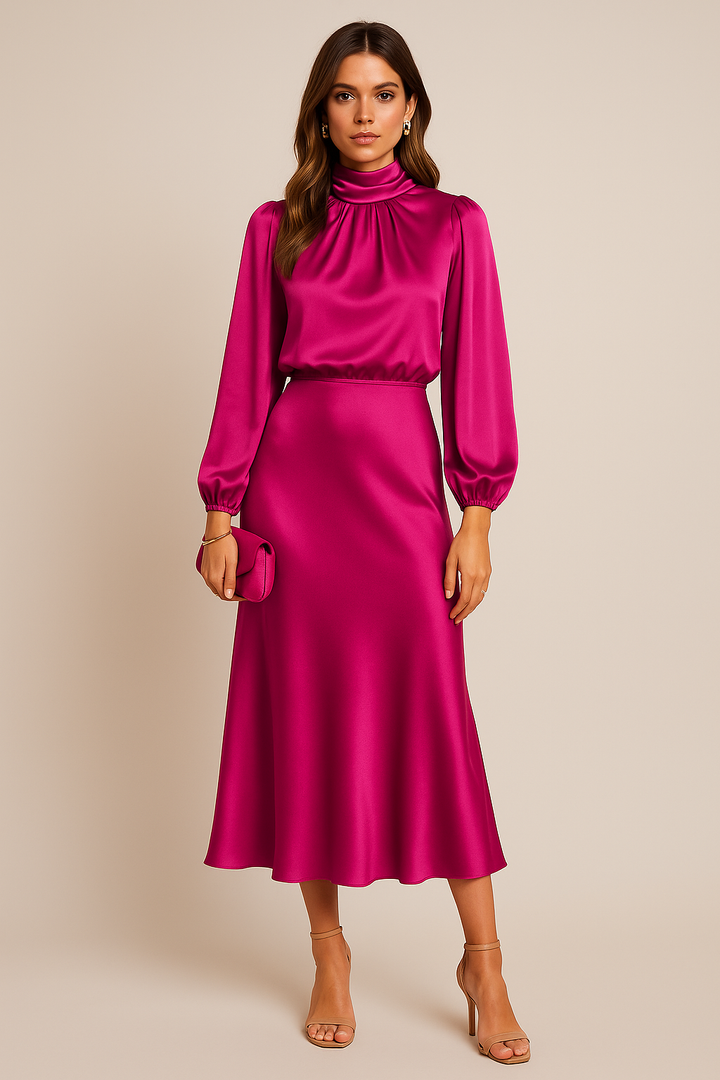 Women's elegant wedding guest dress: a chic roll neck midi.