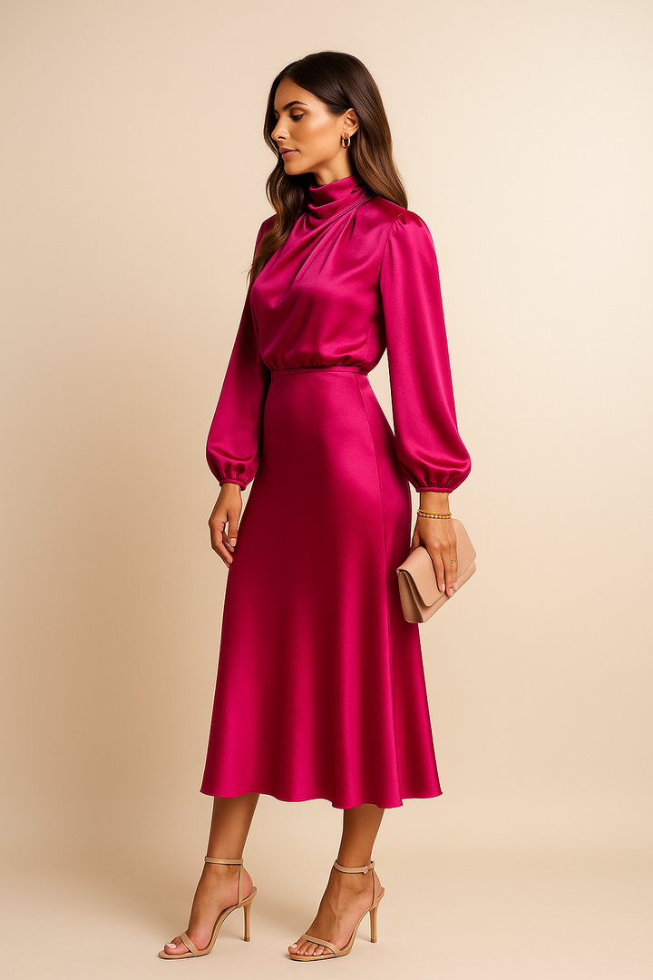 Classic women's roll neck midi dress, perfect for elegant formal gatherings.