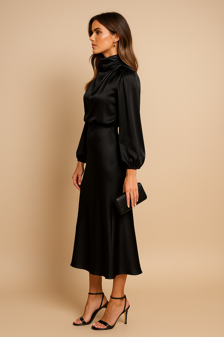 Formal women's event wear: an elegant roll neck midi dress.