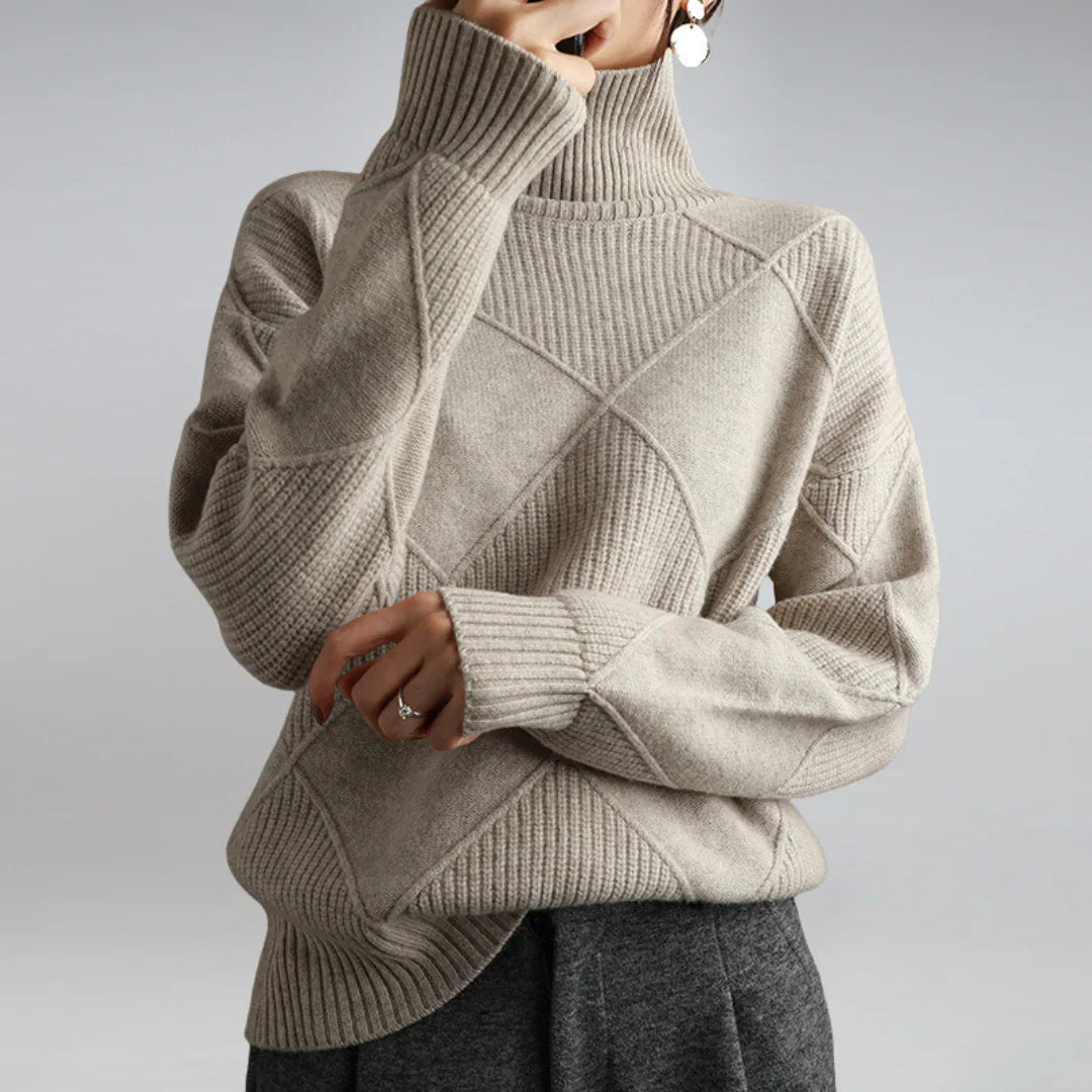 Women's elegant roll neck sweater. A warm & stylish long-sleeve knit pullover, essential for winter fashion.