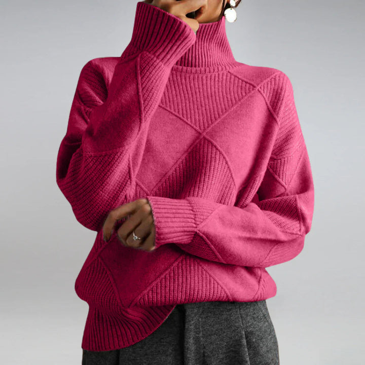Chic women's cozy roll neck sweater. Elegant long-sleeve knit pullover, ideal for warm winter comfort.