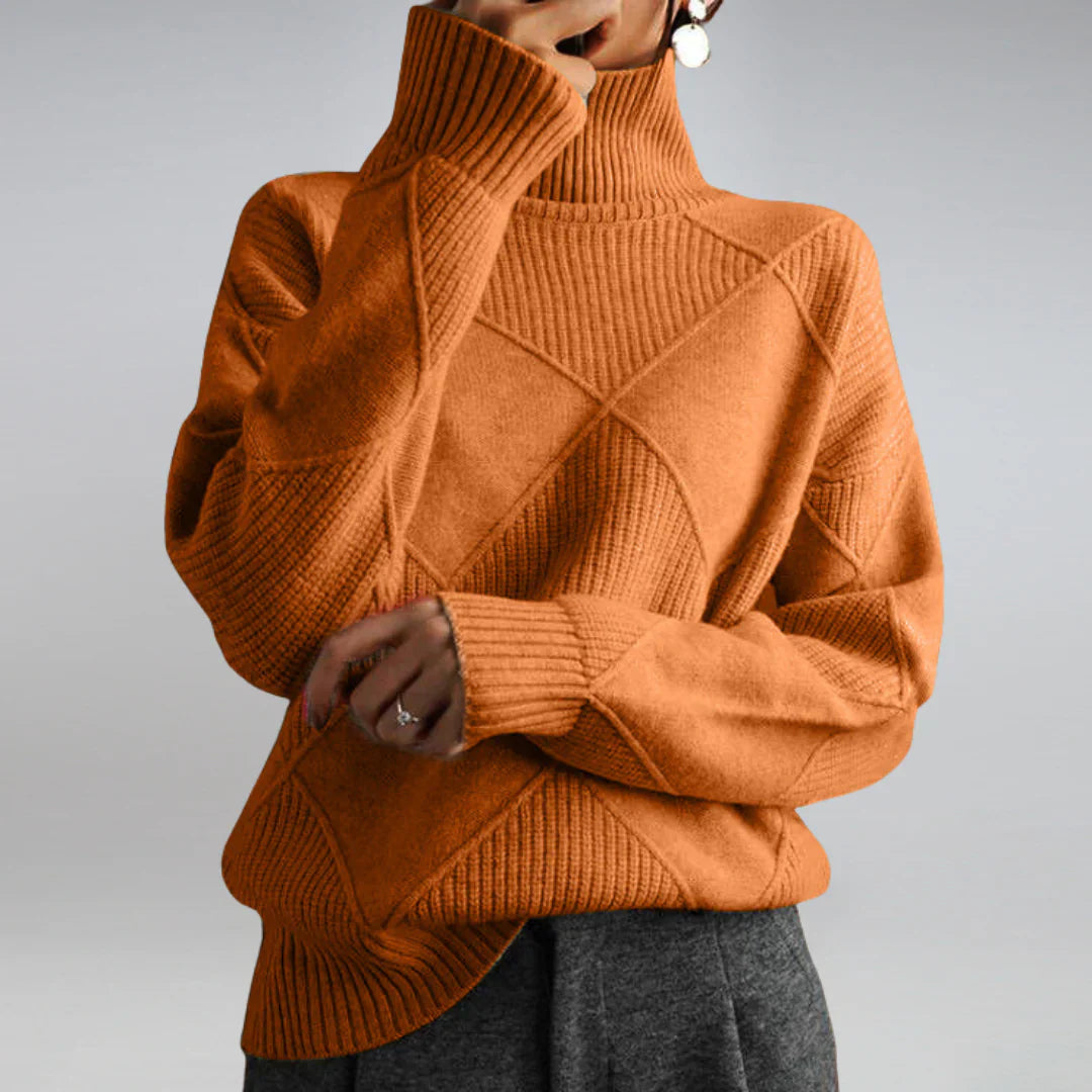 Women's warm roll neck sweater. Elegant long-sleeve turtleneck pullover, perfect for comfortable winter wear.