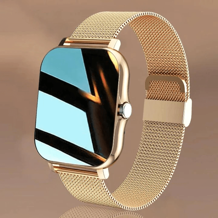 Elegant women's rose gold smartwatch with health tracking features.