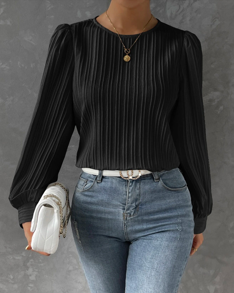 Professional women's round neck blouse. Long sleeve, elegant design for office wear & versatile styling.