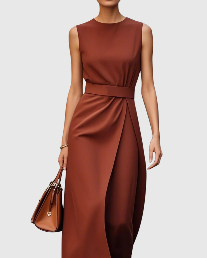 Elegant women's round neck midi dress with a stylish side slit, perfect for day or evening wear.