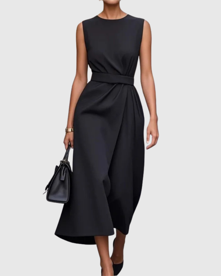 Flattering women's midi dress, round neck & side slit for a chic, versatile, and elegant look.