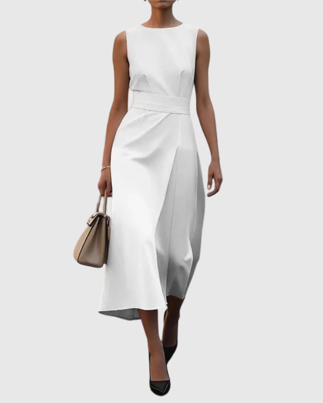 Classic women's elegant midi dress with a round neck and side slit, ideal for evening or special occasions.