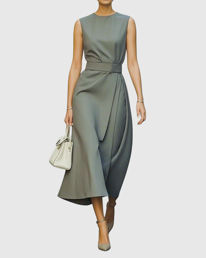 Versatile women's round neck midi dress with a side slit, transitions from casual chic to elegant evening.