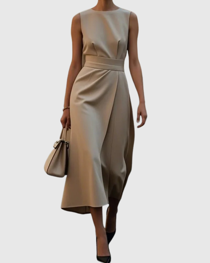 Simple & elegant women's round neck midi dress featuring a stylish side slit for a classic aesthetic.