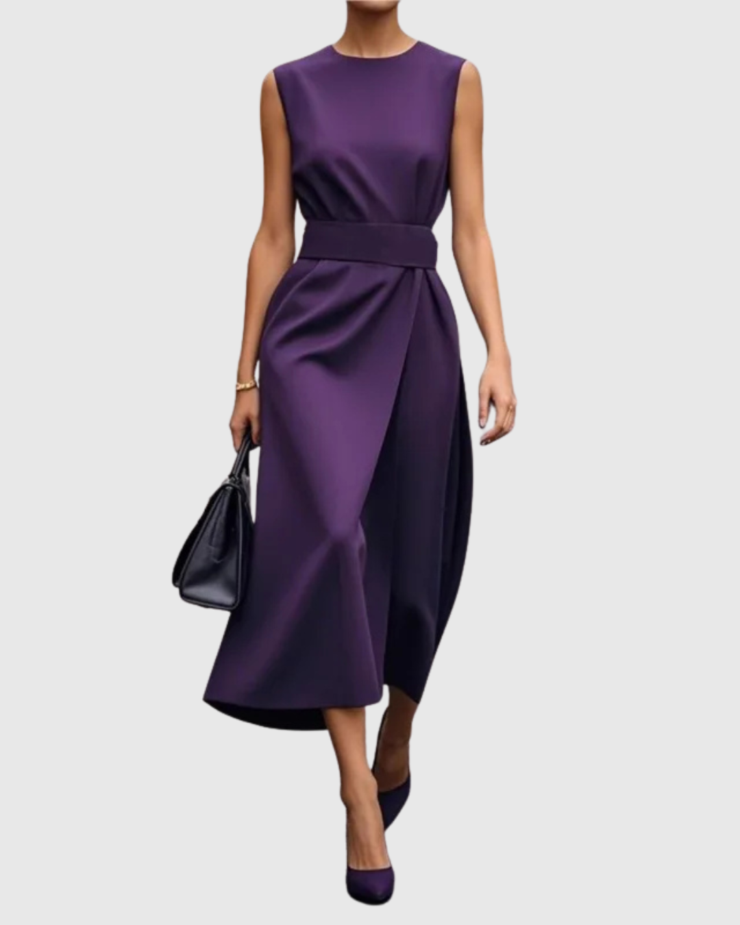 Chic women's midi dress with an elegant round neck & stylish side slit, perfect for a sophisticated look.