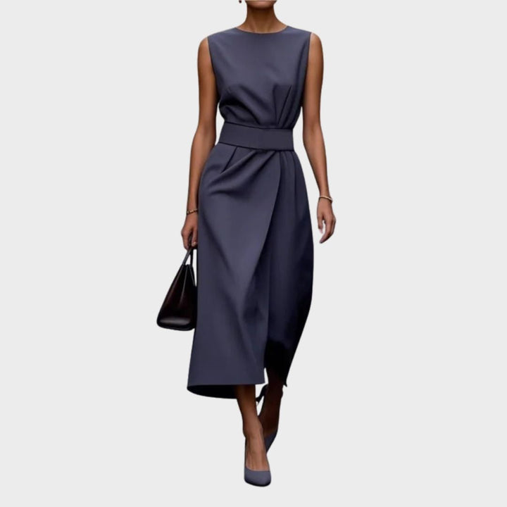Day-to-night women's elegant round neck midi dress with a flattering fit & modern side slit detail.