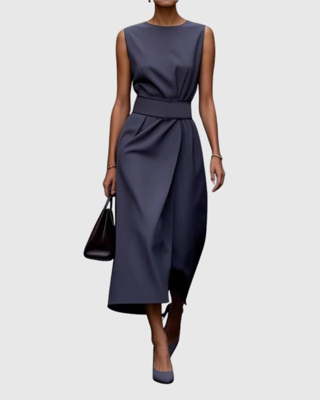 Fashionable women's elegant midi dress, round neck, and side slit design for a contemporary, chic style.
