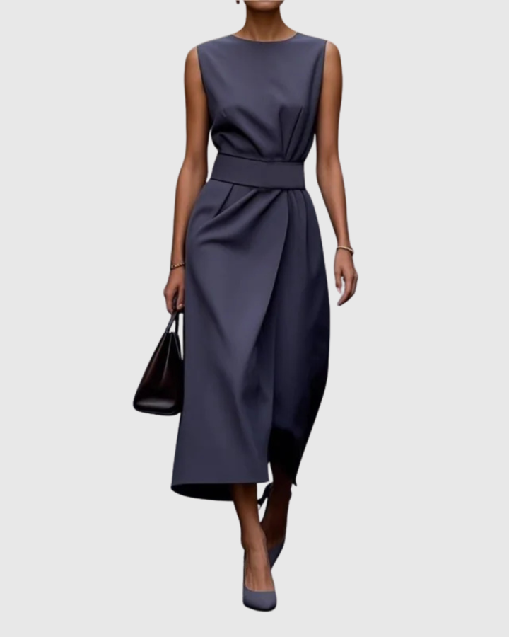 Fashionable women's elegant midi dress, round neck, and side slit design for a contemporary, chic style.