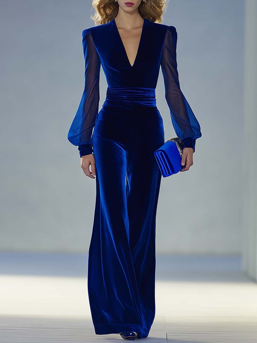 Elegant women's royal blue maxi jumpsuit with V-neck, long sleeves, and wide legs, perfect for formal events.